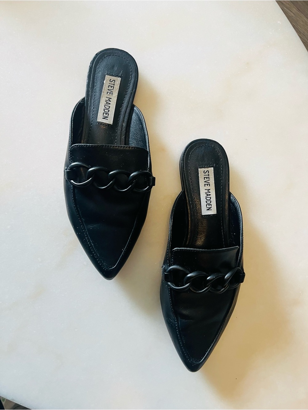 Steve Madden Black Pointed Chain-Detail Slip-On Mules